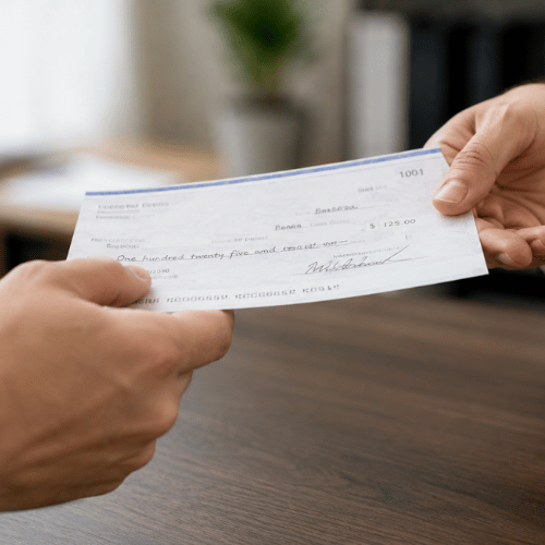 The image features a close-up shot of one person's hands handing over a signed paper check for 5.00 to another person over a dark wooden surface.
