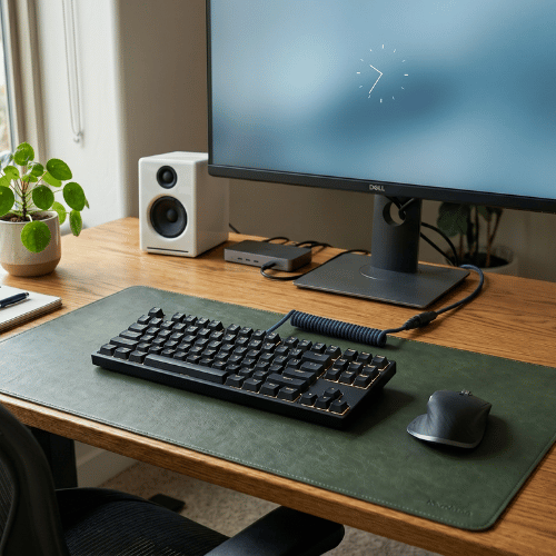 A high-end, organized wooden desk featuring a black mechanical keyboard on a forest green desk mat, a Dell monitor, a white speaker, and a small potted plant.